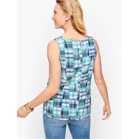 Talbots Patchwork Button Back Tank Top Womens Medium Blue Plaid Madras Cotton - Picture 2 of 13